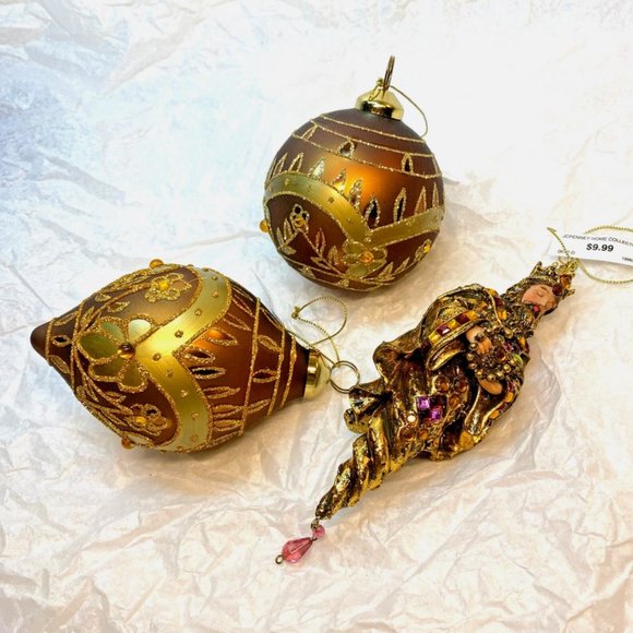 Brown W Gold Decor Glass Ball Teardrop N A King Christmas Ornaments Set of 3 - Picture 8 of 11